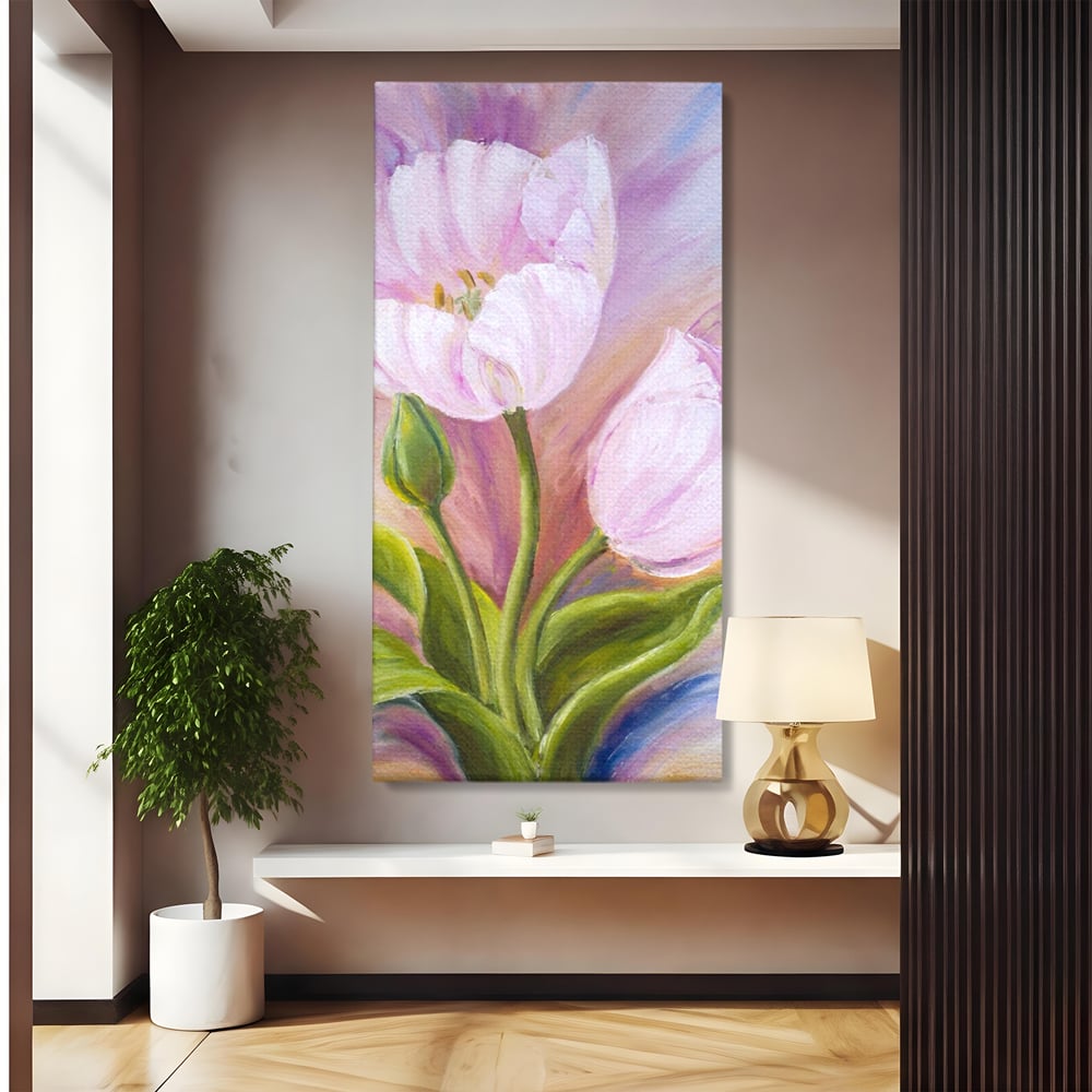 Tablou canvas cu tablou canvas cu lalele roz, fara rama, pe sasiu de lemn